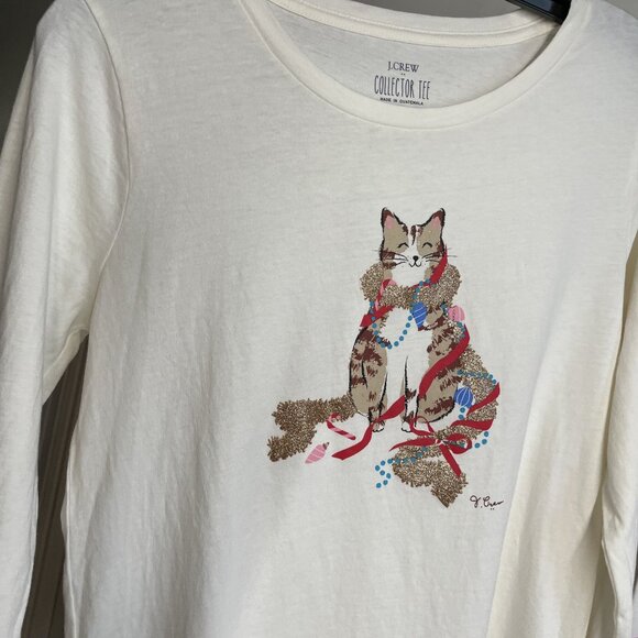 J. Crew Holiday Cat Pajama Lounge Top Size S Cream Long Sleeve PJ Collector Tee - Picture 4 of 8